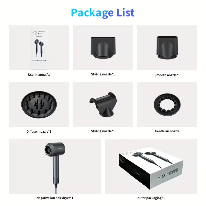 Professional Hair Dryer with Five Pcs Concentrator Nozzle